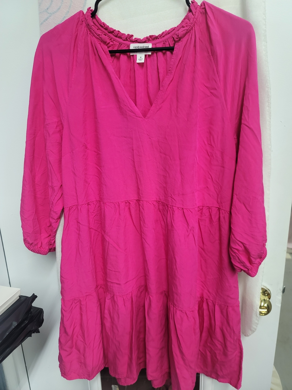 Relaxed V-Neck Tiered Mini Dress in Bright Pink